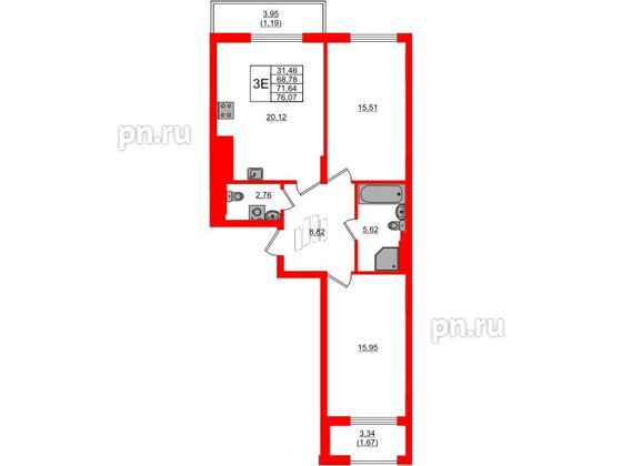 Квартира в ЖК «АЭРО», 2 комнатная, 71.64 м², 7 этаж