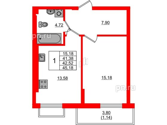 Квартира в ЖК «АЭРО», 1 комнатная, 42.52 м², 7 этаж