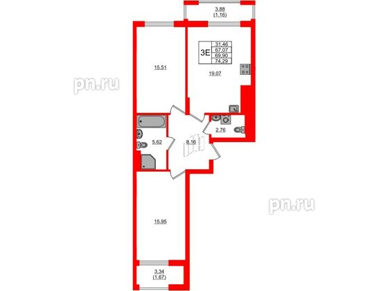 Квартира в ЖК «АЭРО», 2 комнатная, 69.9 м², 1 этаж