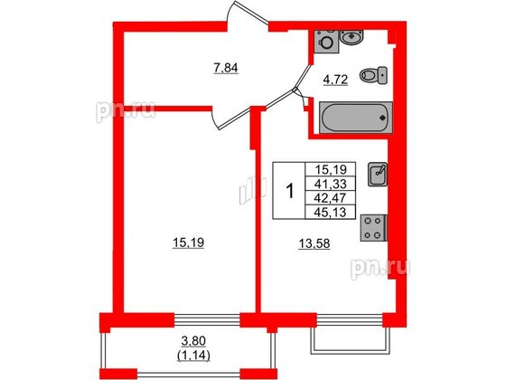 Квартира в ЖК «АЭРО», 1 комнатная, 42.47 м², 6 этаж