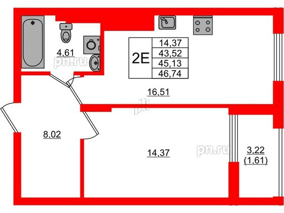 Квартира в ЖК «АЭРО», 1 комнатная, 45.13 м², 1 этаж