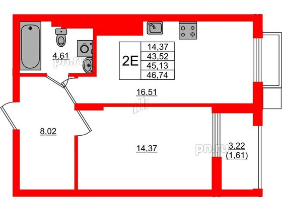 Квартира в ЖК «АЭРО», 1 комнатная, 45.13 м², 6 этаж