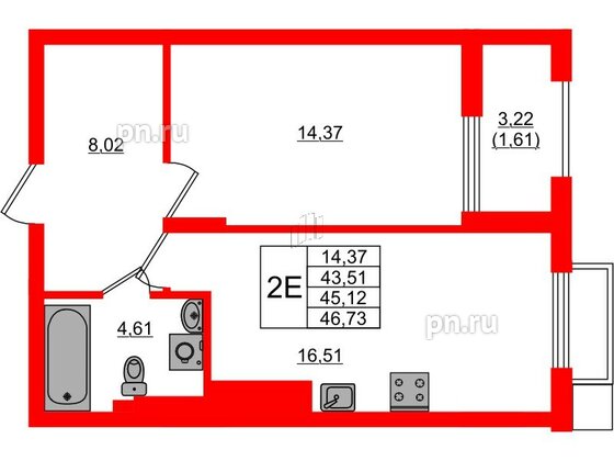 Квартира в ЖК «АЭРО», 1 комнатная, 45.12 м², 6 этаж