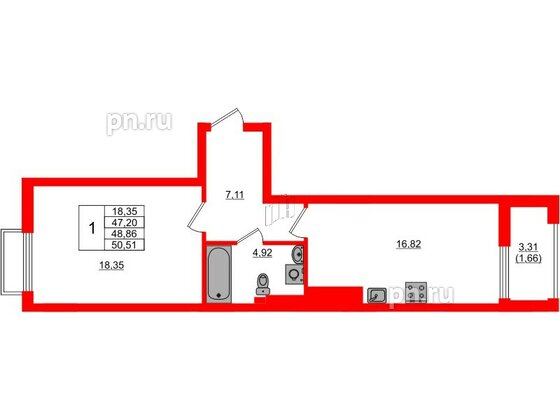 Квартира в ЖК «АЭРО», 1 комнатная, 48.86 м², 6 этаж