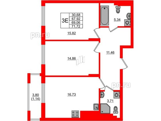 Квартира в ЖК «АЭРО», 2 комнатная, 69.06 м², 1 этаж