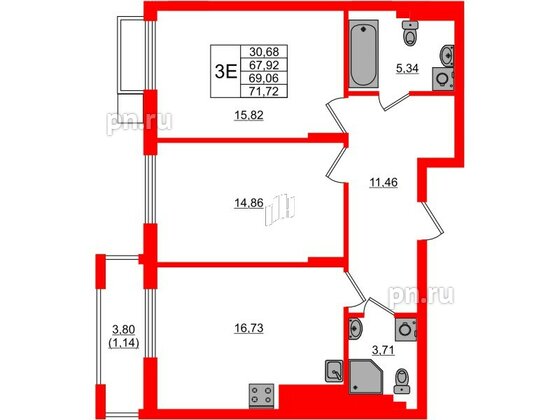 Квартира в ЖК «АЭРО», 2 комнатная, 69.06 м², 3 этаж