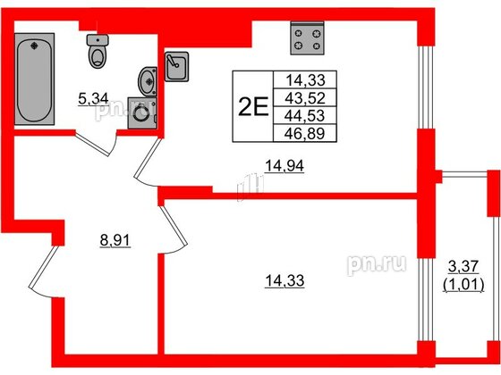 Квартира в ЖК «АЭРО», 1 комнатная, 44.53 м², 3 этаж