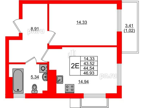 Квартира в ЖК «АЭРО», 1 комнатная, 44.54 м², 7 этаж