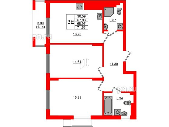 Квартира в ЖК «АЭРО», 2 комнатная, 68.97 м², 6 этаж