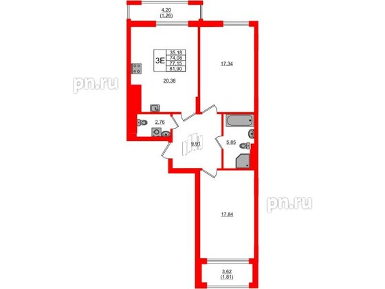 Квартира в ЖК «АЭРО», 2 комнатная, 77.15 м², 1 этаж