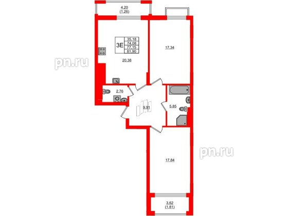 Квартира в ЖК «АЭРО», 2 комнатная, 77.15 м², 2 этаж