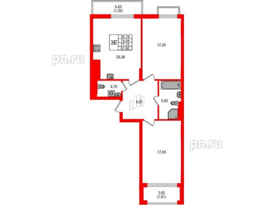 Квартира в ЖК «АЭРО», 2 комнатная, 77.15 м², 7 этаж