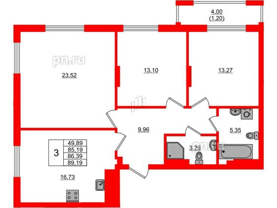 Квартира в ЖК «АЭРО», 3 комнатная, 86.39 м², 1 этаж