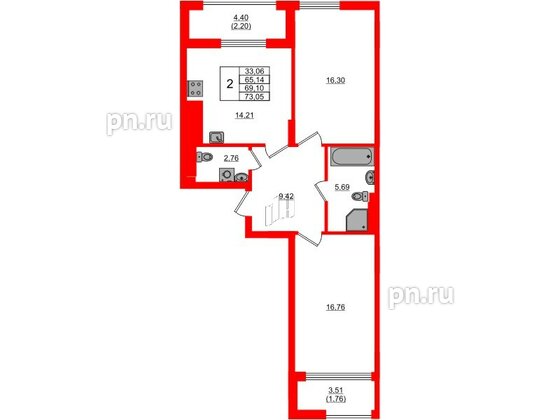 Квартира в ЖК «АЭРО», 2 комнатная, 69.1 м², 3 этаж