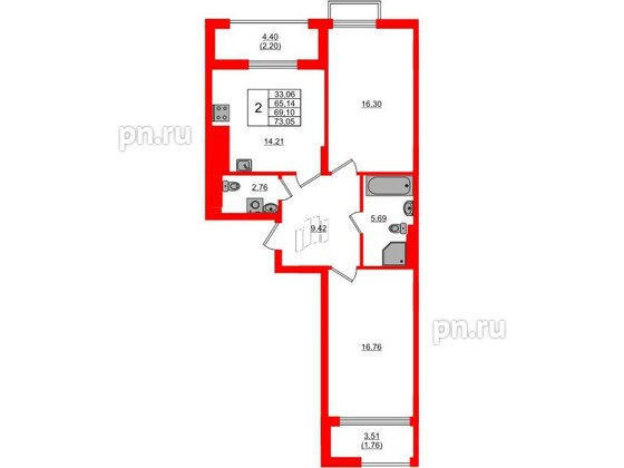 Квартира в ЖК «АЭРО», 2 комнатная, 69.1 м², 7 этаж