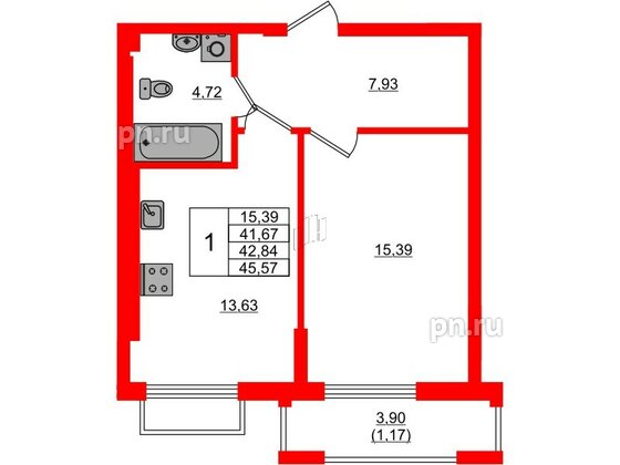 Квартира в ЖК «АЭРО», 1 комнатная, 42.84 м², 6 этаж