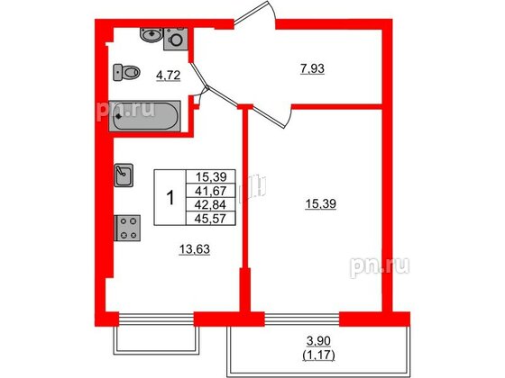 Квартира в ЖК «АЭРО», 1 комнатная, 42.84 м², 7 этаж