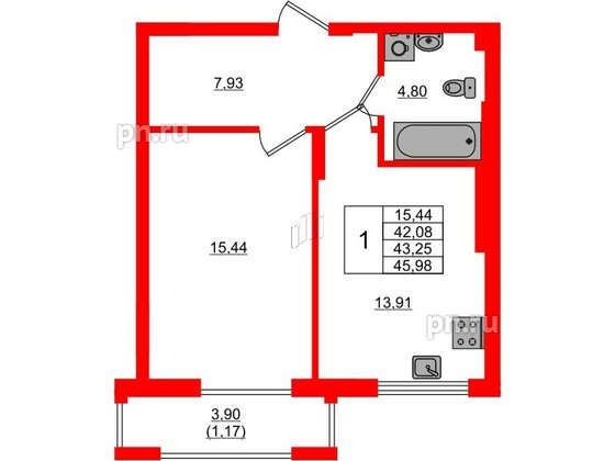 Квартира в ЖК «АЭРО», 1 комнатная, 43.25 м², 1 этаж