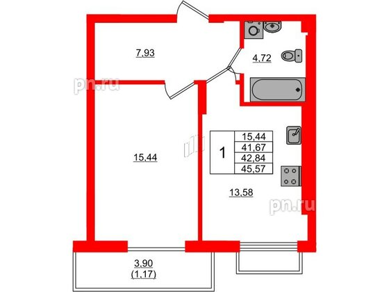 Квартира в ЖК «АЭРО», 1 комнатная, 42.84 м², 7 этаж