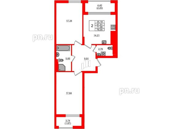 Квартира в ЖК «АЭРО», 2 комнатная, 71.98 м², 2 этаж