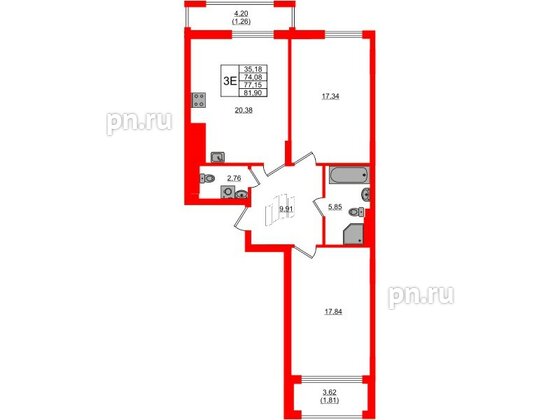 Квартира в ЖК «АЭРО», 2 комнатная, 77.15 м², 1 этаж