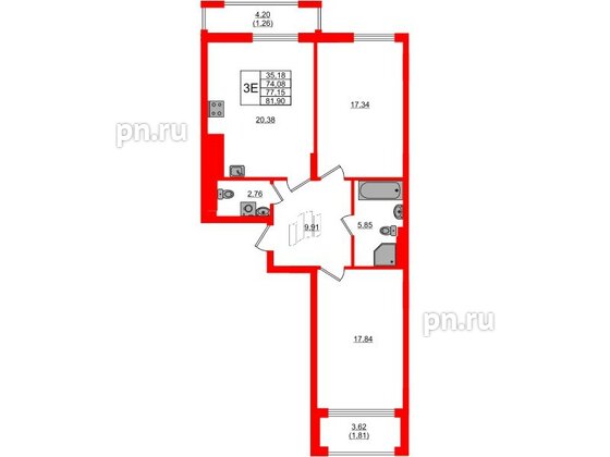 Квартира в ЖК «АЭРО», 2 комнатная, 77.15 м², 2 этаж