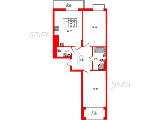 Квартира в ЖК «АЭРО», 2 комнатная, 77.15 м², 7 этаж