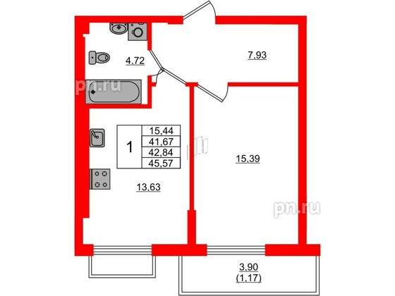 Квартира в ЖК «АЭРО», 1 комнатная, 42.84 м², 7 этаж