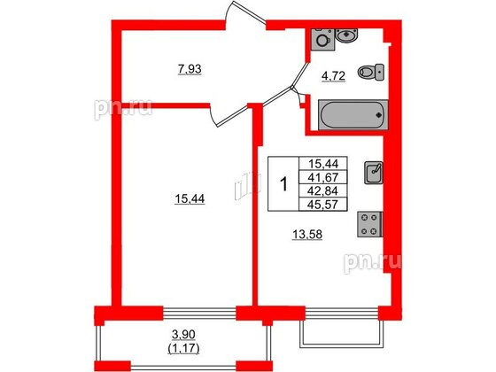 Квартира в ЖК «АЭРО», 1 комнатная, 42.84 м², 6 этаж