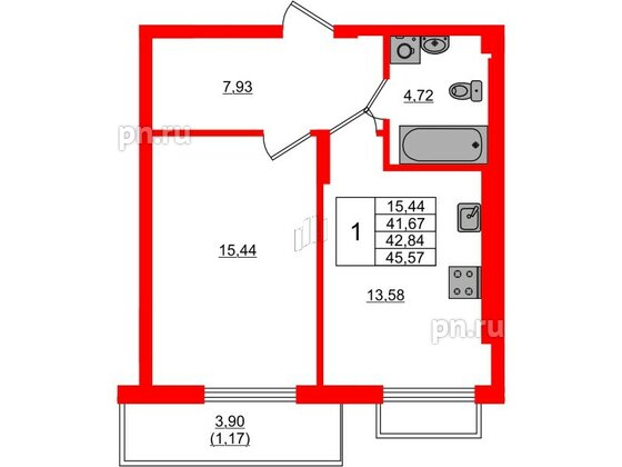 Квартира в ЖК «АЭРО», 1 комнатная, 42.84 м², 7 этаж