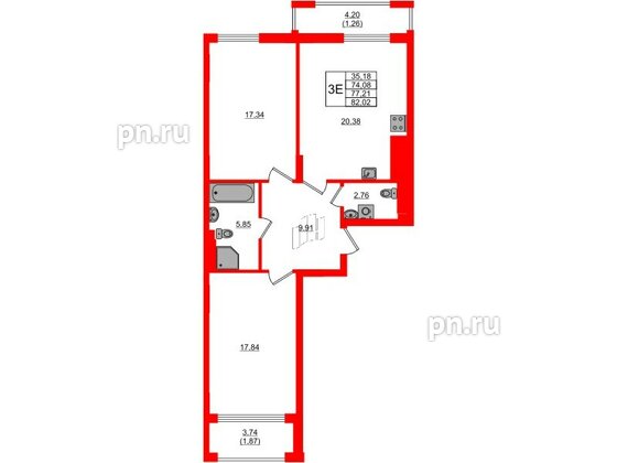 Квартира в ЖК «АЭРО», 2 комнатная, 77.21 м², 1 этаж