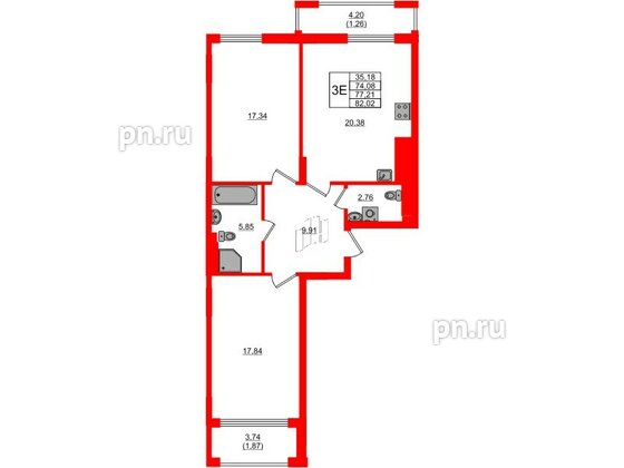 Квартира в ЖК «АЭРО», 2 комнатная, 77.21 м², 2 этаж