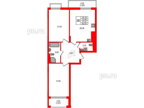 Квартира в ЖК «АЭРО», 2 комнатная, 77.21 м², 7 этаж