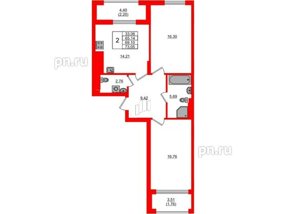 Квартира в ЖК «АЭРО», 2 комнатная, 69.1 м², 1 этаж