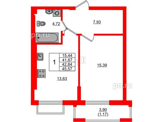 Квартира в ЖК «АЭРО», 1 комнатная, 42.84 м², 5 этаж