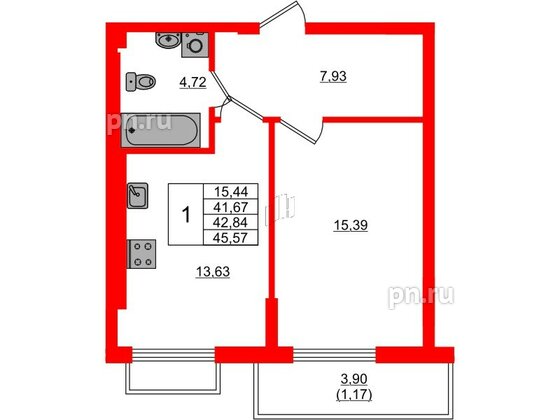 Квартира в ЖК «АЭРО», 1 комнатная, 42.84 м², 7 этаж