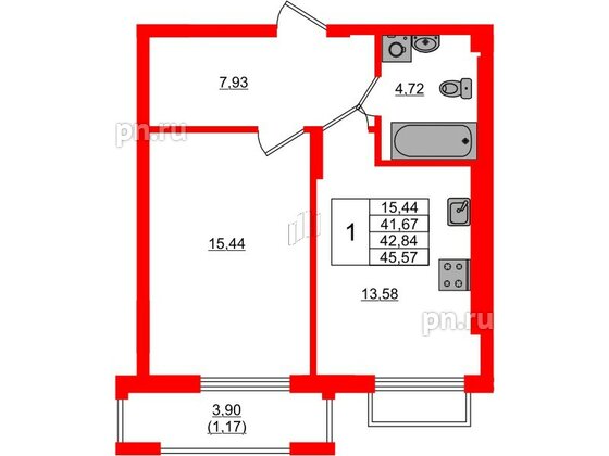 Квартира в ЖК «АЭРО», 1 комнатная, 42.84 м², 5 этаж