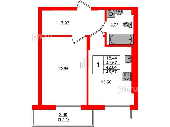 Квартира в ЖК «АЭРО», 1 комнатная, 42.84 м², 7 этаж