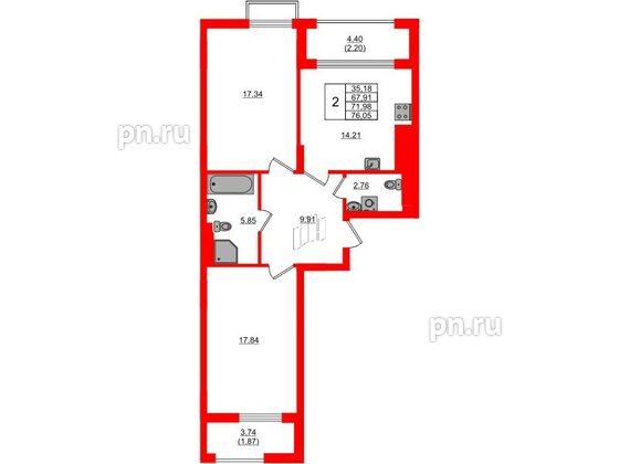 Квартира в ЖК «АЭРО», 2 комнатная, 71.98 м², 2 этаж