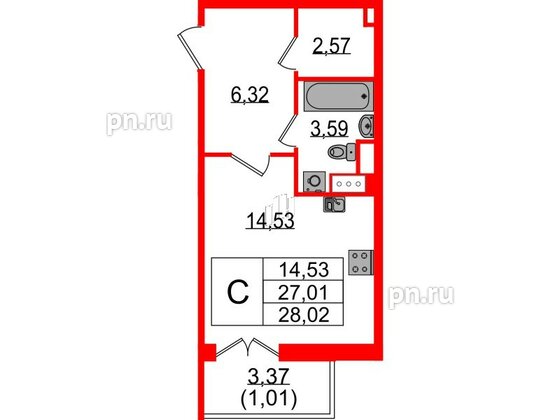 Квартира в ЖК Sertolovo Park, студия, 28.02 м², 2 этаж