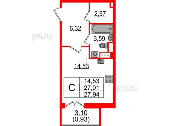 Квартира в ЖК Sertolovo Park, студия, 27.94 м², 5 этаж