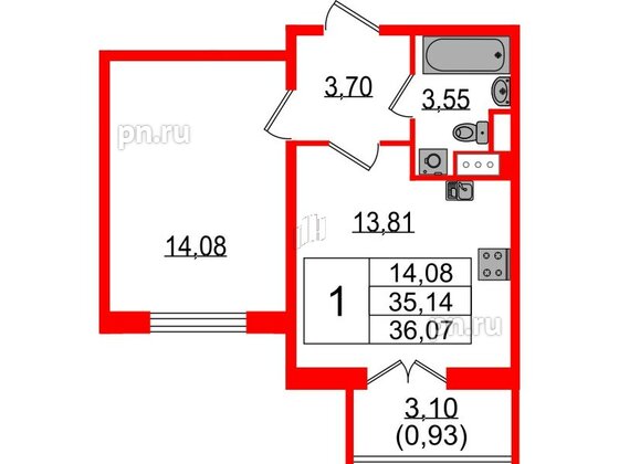 Квартира в ЖК Sertolovo Park, 1 комнатная, 36.07 м², 6 этаж