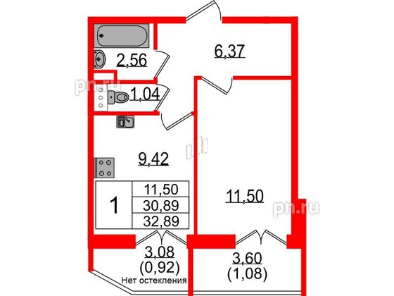 Квартира в ЖК Sertolovo Park, 1 комнатная, 32.89 м², 2 этаж