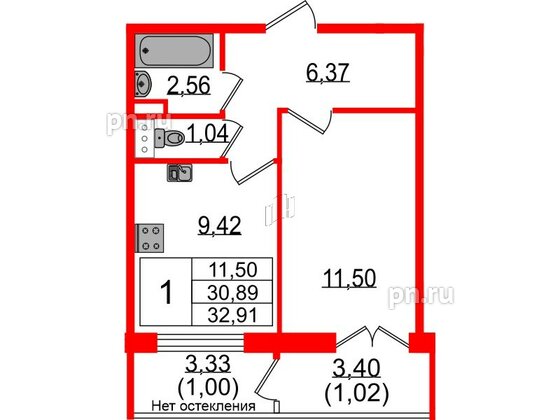 Квартира в ЖК Sertolovo Park, 1 комнатная, 32.91 м², 3 этаж