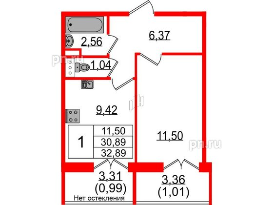 Квартира в ЖК Sertolovo Park, 1 комнатная, 32.89 м², 6 этаж