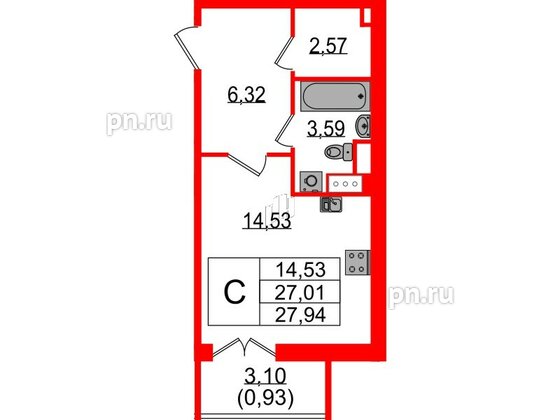 Квартира в ЖК Sertolovo Park, студия, 27.94 м², 3 этаж