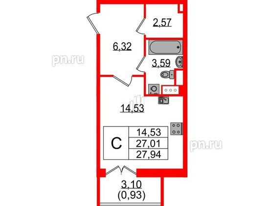 Квартира в ЖК Sertolovo Park, студия, 27.94 м², 3 этаж