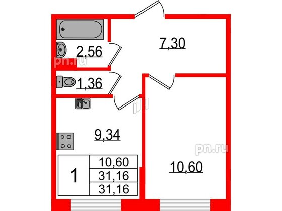 Квартира в ЖК Sertolovo Park, 1 комнатная, 31.16 м², 1 этаж