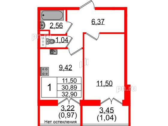 Квартира в ЖК Sertolovo Park, 1 комнатная, 32.9 м², 2 этаж