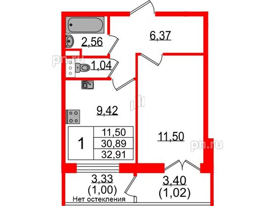 Квартира в ЖК Sertolovo Park, 1 комнатная, 32.91 м², 5 этаж